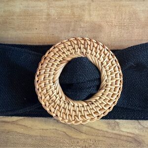 ANTHROPOLOGIE Black linen belt with rattan woven buckle